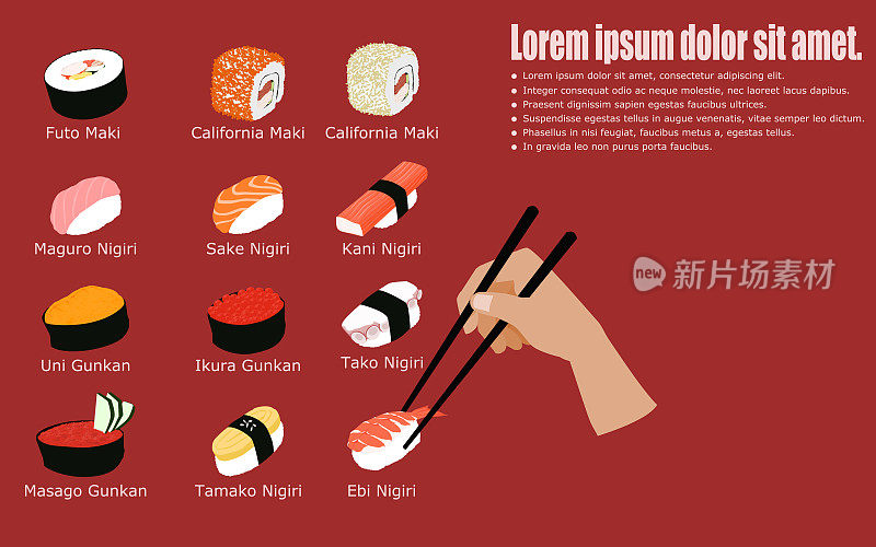 一套寿司与手持筷子