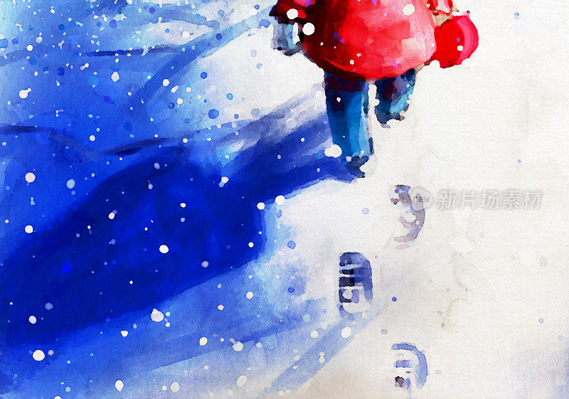 数码画的小女孩在冬天的户外行走