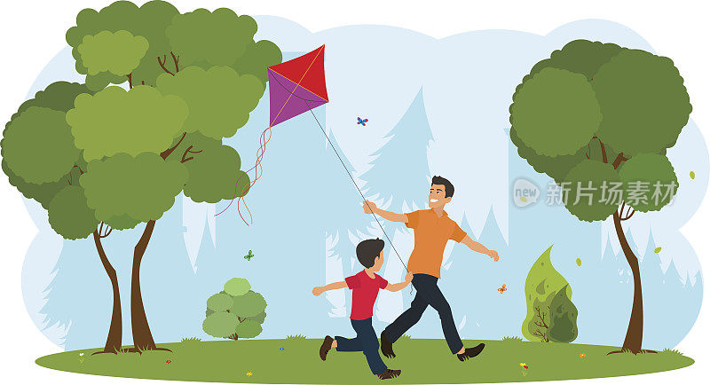 爸爸和儿子在放风筝。