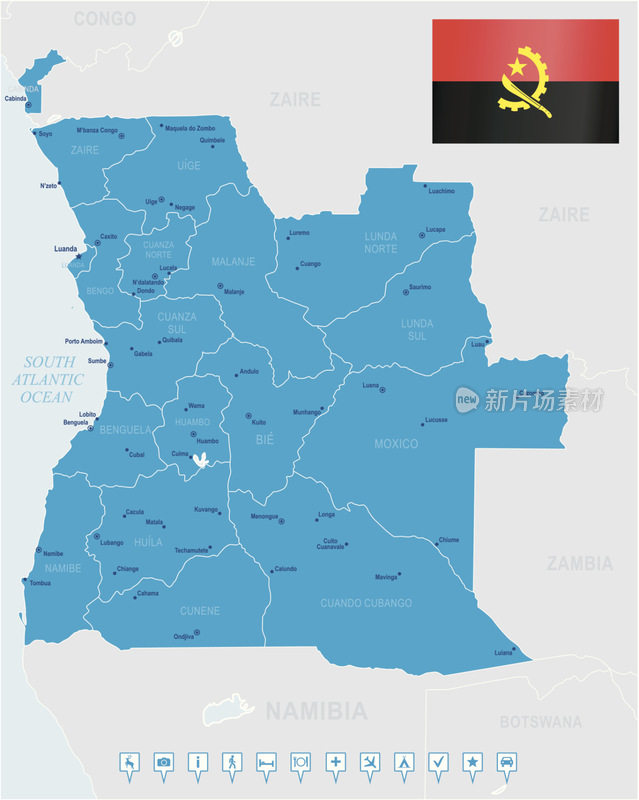 安哥拉地图-国家，城市，旗帜，导航图标