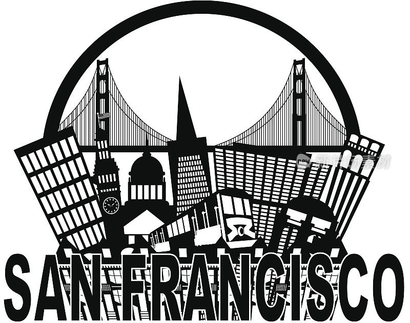 旧金山天际线金门大桥黑白插图
