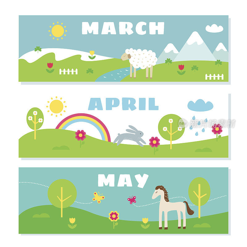 春季月日历闪卡集。自然，假期和符号插图