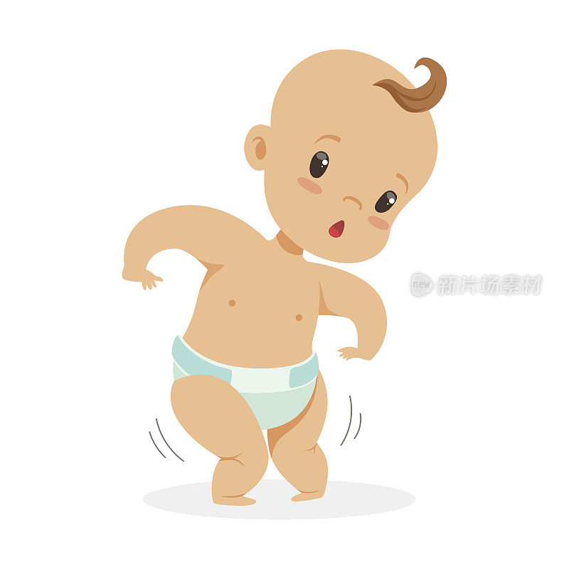 甜美有趣的婴儿在尿布试图走路，彩色卡通人物矢量插图