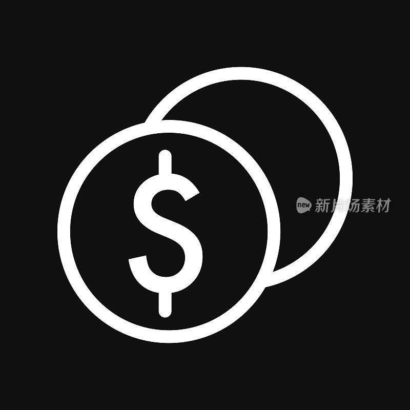 堆栈的美元硬币矢量图标。黑白现金插图。轮廓线性金钱图标。