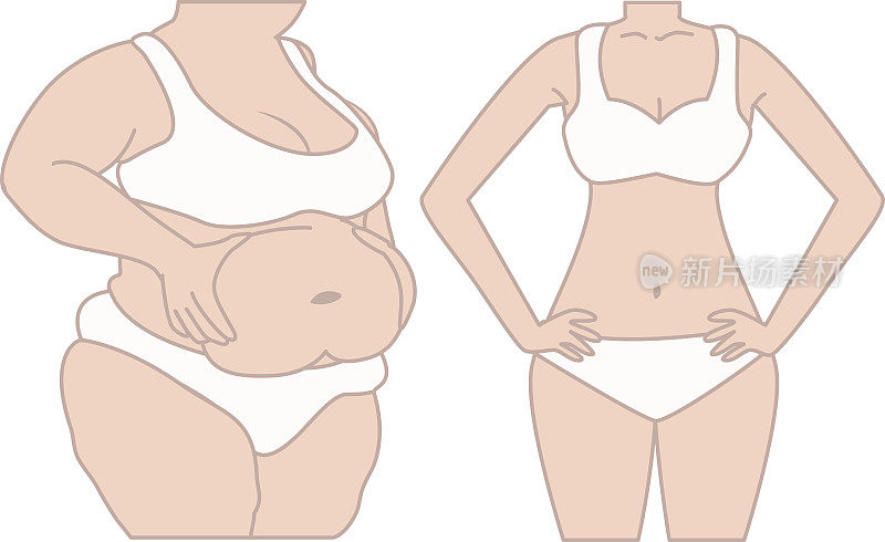 女性节食前后体重减轻。又胖又苗条的女人。