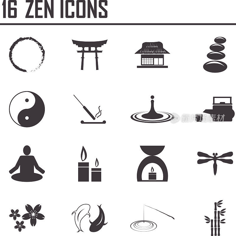佛教，禅宗哲学图标集。矢量插图。