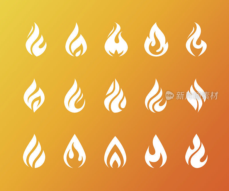 一组白色火焰火焰图标孤立在橙色背景。