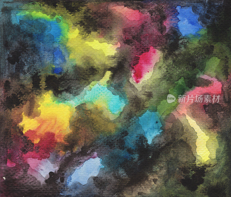 抽象水彩和水墨手绘背景。平滑的颜色梯度与黑色墨水云。