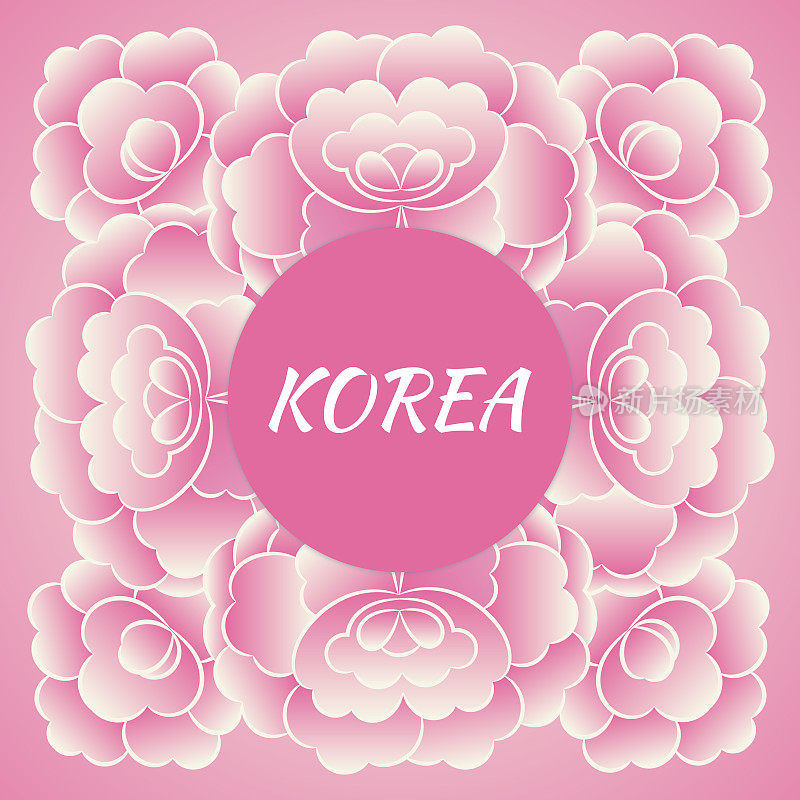 韩国旅游旗帜向量。粉红色花卉设计与传统牡丹花图案框架纪念明信片，韩国旅游海报或标签贴纸印刷。