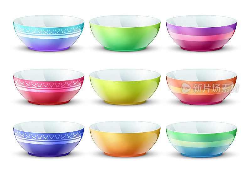 五颜六色的空碗孤立。陶瓷厨房食物盘子向量集