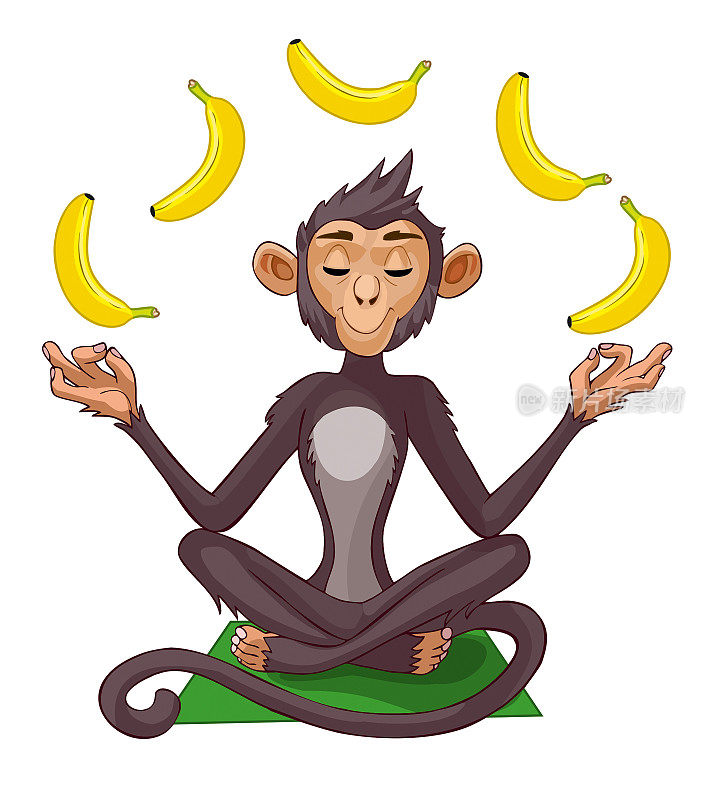 载体猴子和香蕉孤立在白色背景。冥想猴子在一个瑜伽姿势。