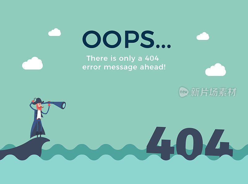 平面线概念页未找到404错误。矢量插图背景与海盗航行在海上，刚刚发现404错误信息与他的望远镜。