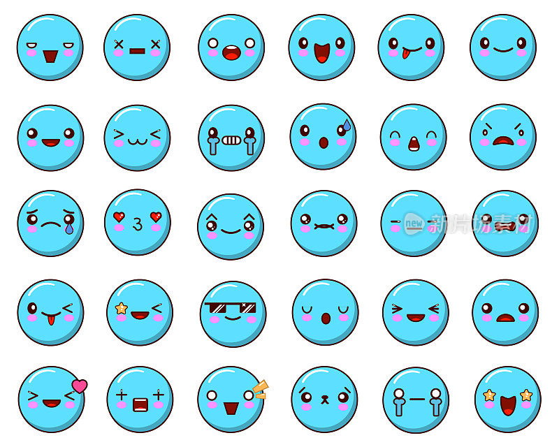 Emoticons设置为孤立的白色背景。有趣的蓝色emoji。平面设计矢量图