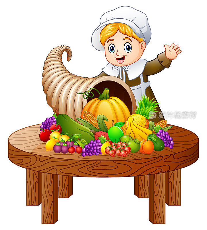 朝圣者女孩与丰富的水果和蔬菜在圆桌木桌上