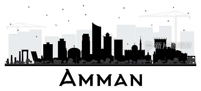 安曼约旦城市天际线黑白剪影。
