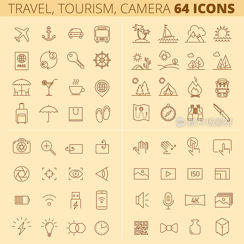 旅游、旅游、暑假、摄影、摄像系列图标。