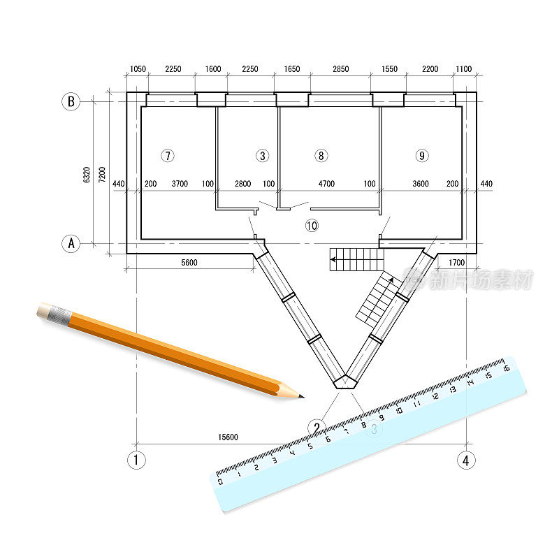 用尺子和铅笔在白色背景上进行孤立的建筑设计。农房工程线草图。体系结构。