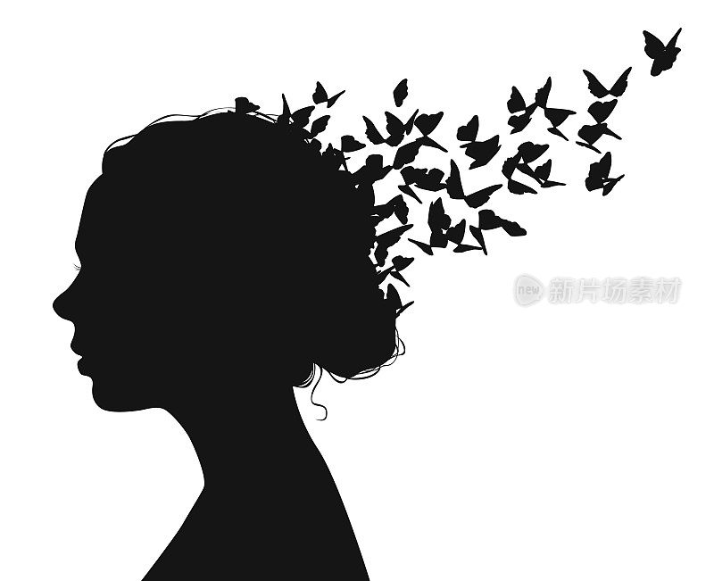 一个女人的黑色矢量肖像与蝴蝶飞从她的头发