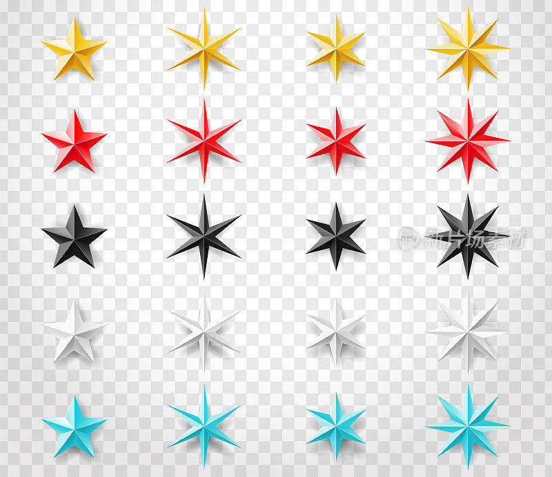 不同颜色的星星集孤立在透明的背景。装饰设计元素为您设计