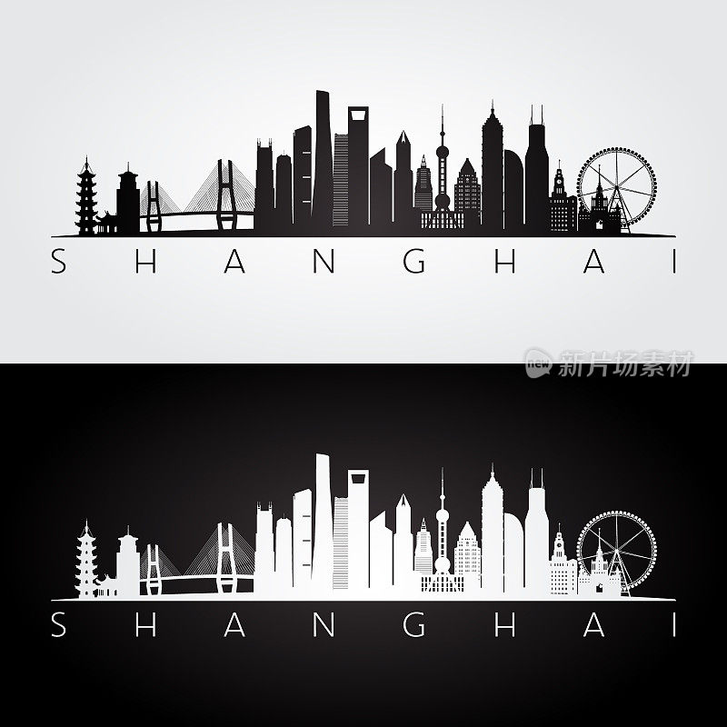 上海天际线和地标剪影，黑白设计，矢量插图。