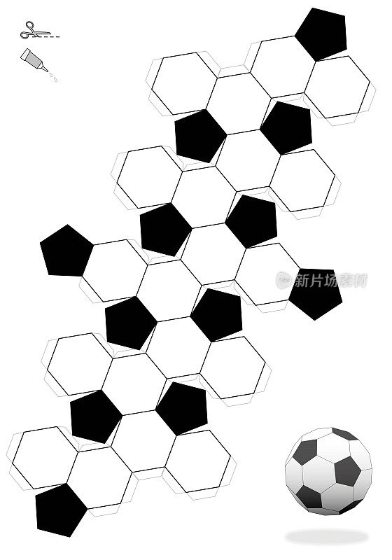 截断二十面体。足球模板，使一个三维对象出网12黑色五角形和20白色六角形面。打印出来，剪下来，折起来，粘起来。