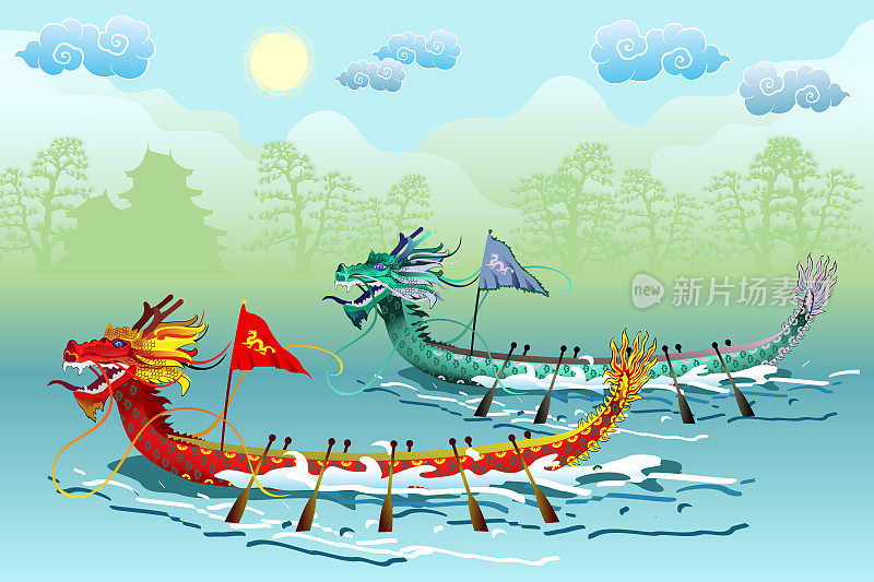 端午节(端午或端午节)，江景用两只中国龙舟，矢量插图。