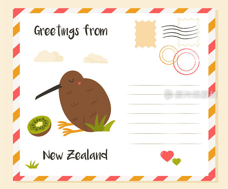 写有奇异鸟和水果的新西兰明信片。的横幅