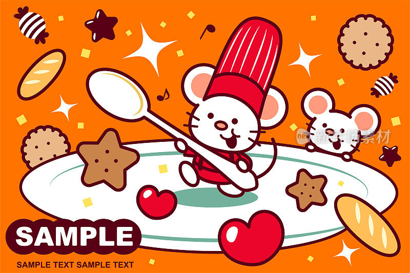 可爱的老鼠厨师站在空空的大盘子上，手里拿着勺子，周围是糖果和饼干