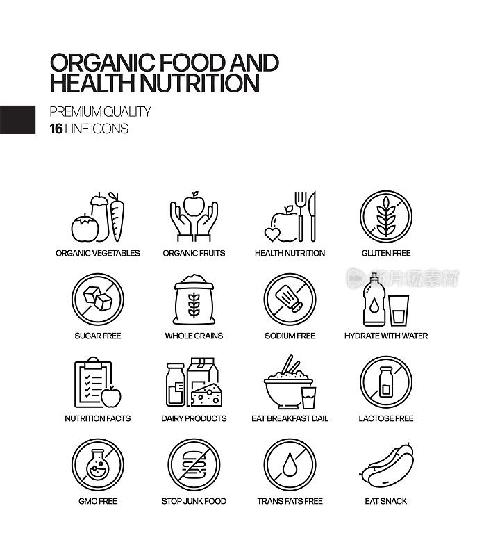 有机食品和健康营养相关矢量线图标的简单设置。大纲符号集合