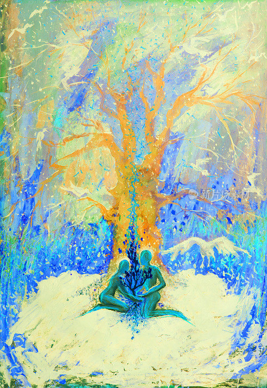 时尚的插画寓言情人节艺术作品印象派象征油画垂直的冬天风景爱情树激情的人物两个恋人坐在雪地里对着天空在早晨的阳光下飘落的雪花