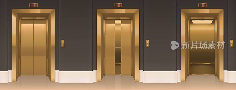 金色的电梯门。带电梯舱的办公室走廊