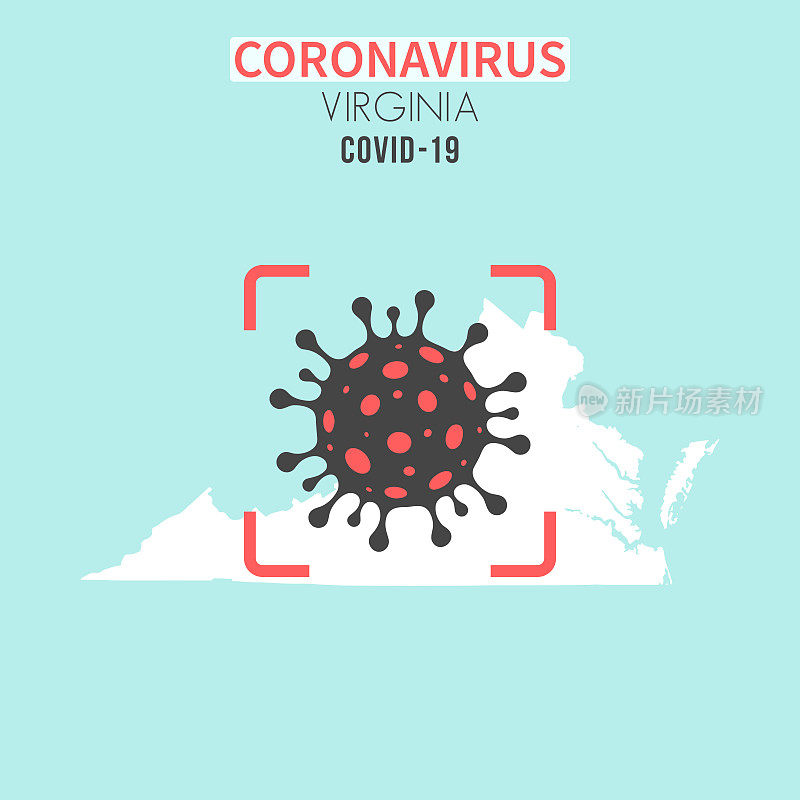 弗吉尼亚州地图，红色取景器中有冠状病毒细胞(COVID-19)