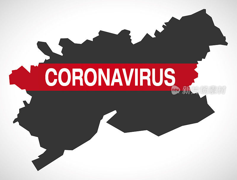 带有冠状病毒警告插图的英国新港威尔士主要地区地图