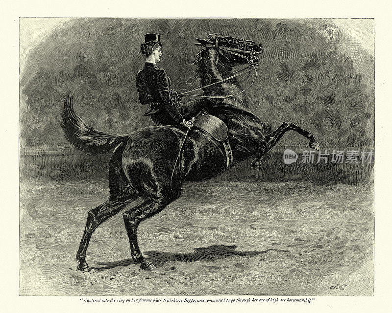 19世纪，维多利亚时代，在马展上表演骑马技巧的妇女