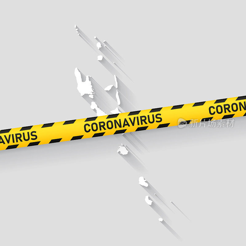 瓦努阿图地图与冠状病毒警告胶带。Covid-19爆发