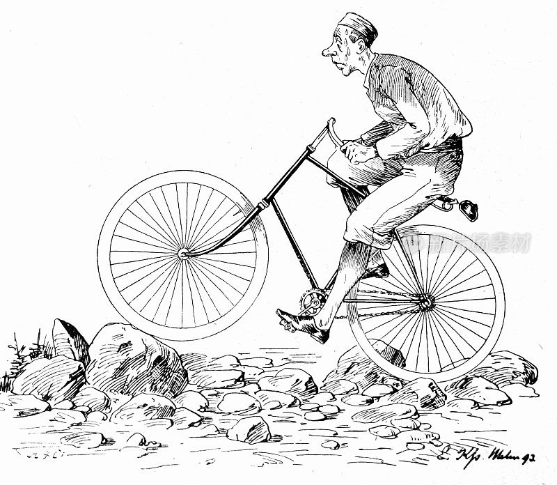 骑自行车的人骑一个崎岖的，石头的道路，侧面的看法在白色的背景