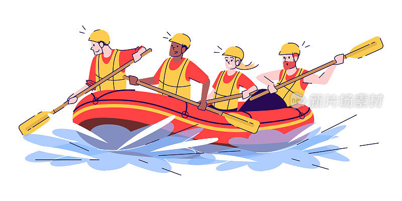 白水漂流平面涂鸦插图。人筏。水活动。极限运动。在异国他乡积极的消遣。印度尼西亚旅游2D卡通人物与商业用途的大纲