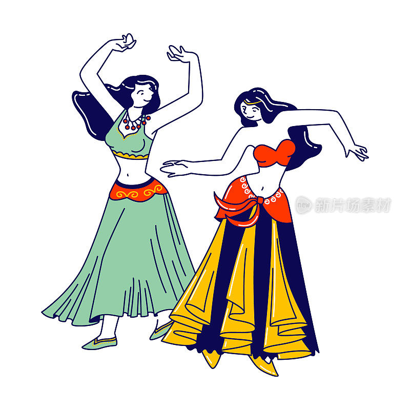 女孩在美丽的阿拉伯服装和珠宝跳舞肚皮舞与举手。后宫女性角色旋转的手臂和移动的身体在舞蹈，艺术家的爱好。线性人物矢量图
