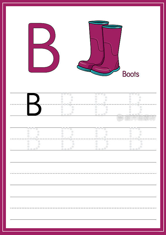 矢量插图紫色靴子孤立在白色背景。以大写字母B作为教学媒体，供儿童识别英文字母或供儿童学习书写字母。