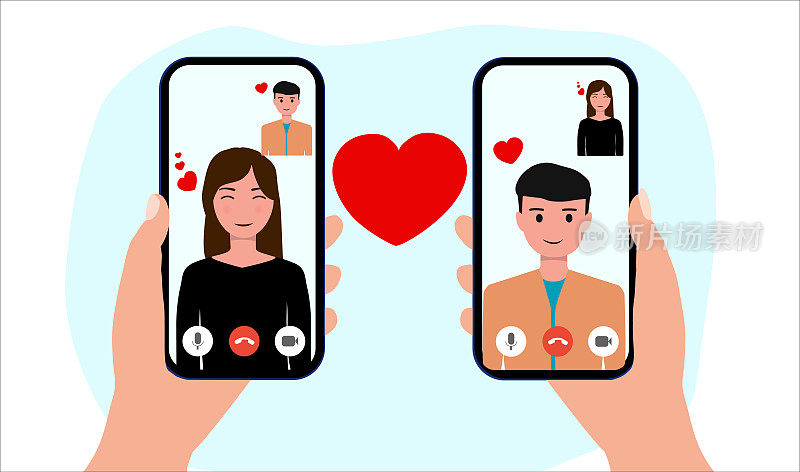 视频通话的概念。情侣们可以用智能手机进行视频通话。爱在隔离。人类手持式设备与人在屏幕上。人们和小玩意。爱的距离。插图