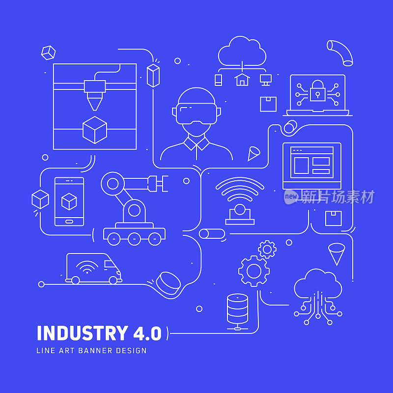 工业4.0相关现代线条风格矢量插图