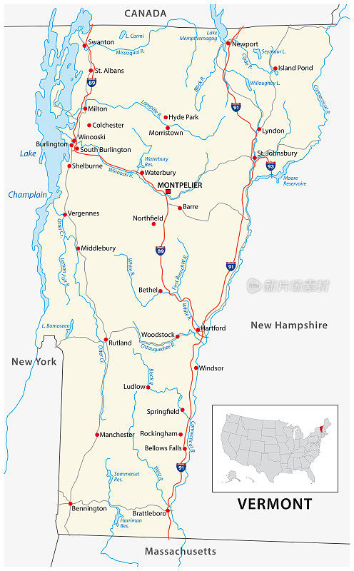 美国佛蒙特州的路线图