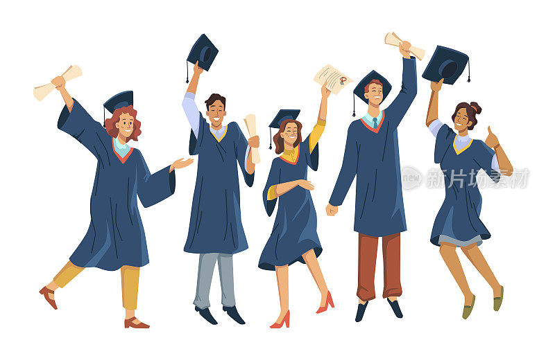 毕业的学生庆祝从大学或高中毕业。Vector快乐学生带着毕业文凭戴着学位袍和学士帽，组带着学历证书