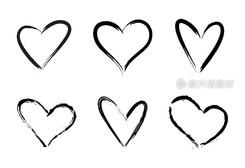 黑色中风心脏图标设置在手画风格。垃圾心形孤立在白色背景上。