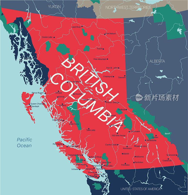 不列颠哥伦比亚省矢量可编辑的地图的加拿大