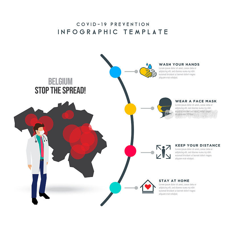 比利时的概念。地图模板。冠状病毒或Covid-19。等距的医生。冠状病毒暴发流感作为危险流感毒株病例作为大流行概念横幅平面风格插图股票插图