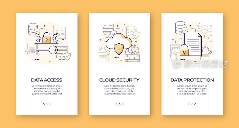 平板图标的移动应用程序页面屏幕上的数据安全和网络安全概念。用户体验，用户界面设计模板矢量插图