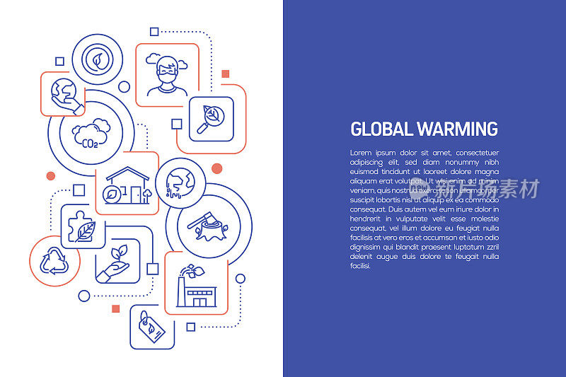 全球变暖概念，全球变暖矢量插图与图标