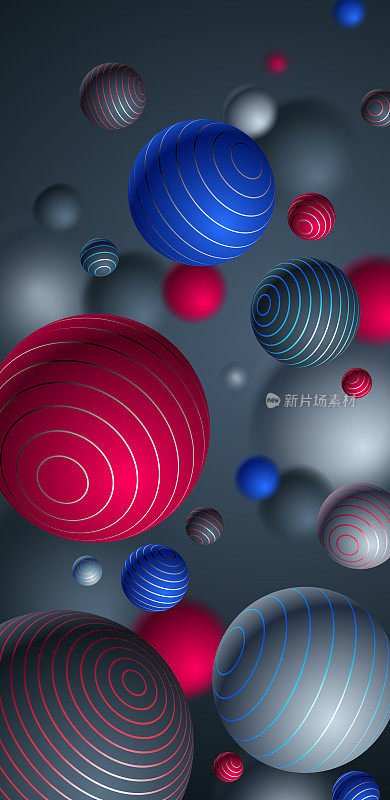 抽象球体矢量背景手机，组成飞行球装饰线条智能手机壁纸，3D混合逼真的球体，逼真的景深效果。