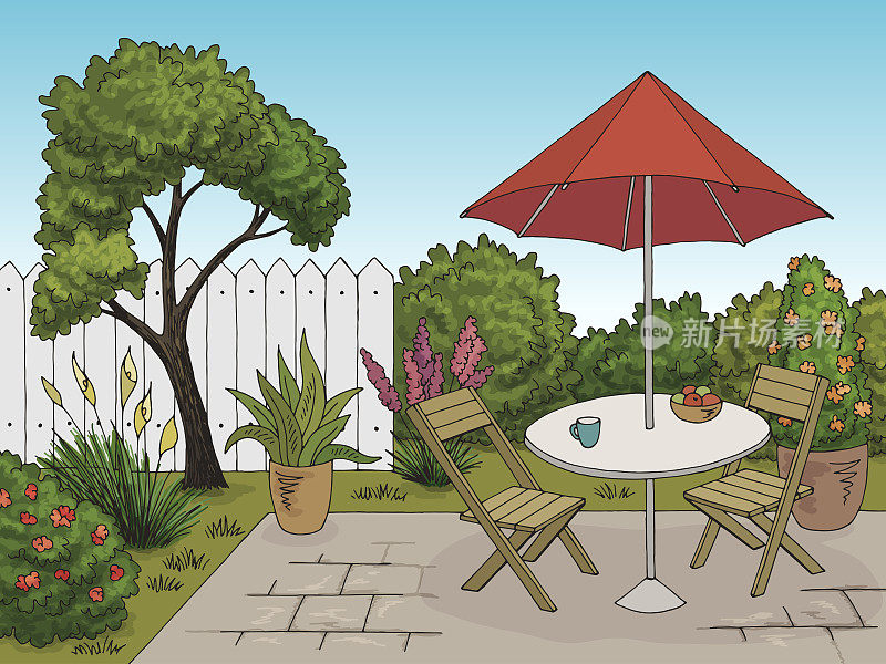 花园图形后院桌子颜色素描插图向量